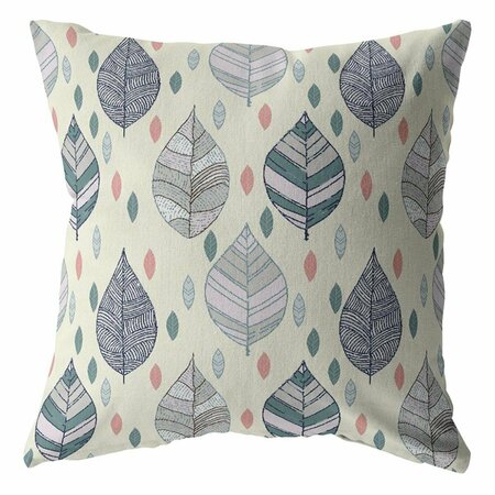 PALACEDESIGNS 18 in. Dark Green Cream & Gray Leaves Indoor & Outdoor Throw Pillow PA3093757